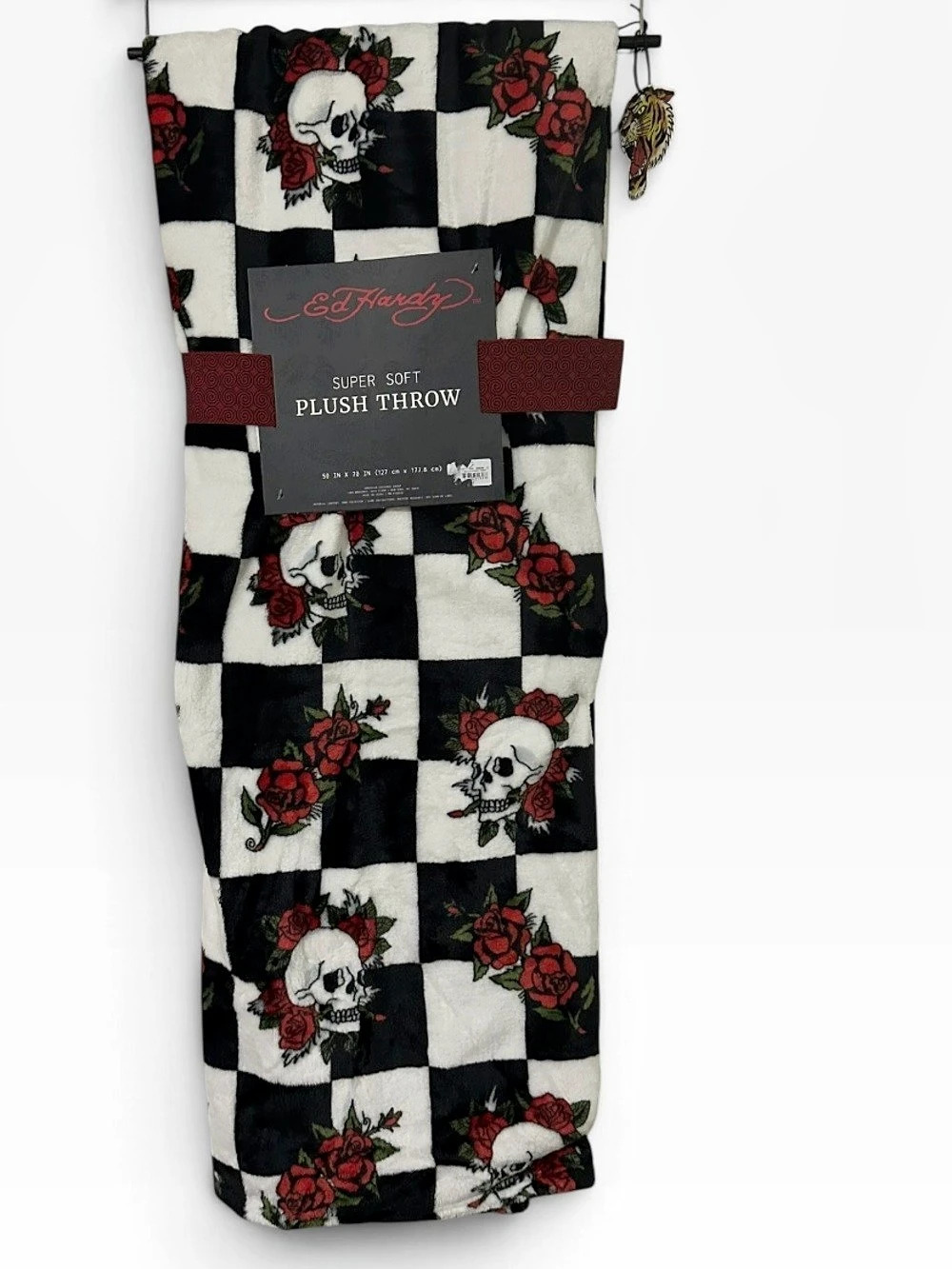 Ed Hardy Checkered Skulls and Roses Super Soft Plush Throw Plush Throw Black &